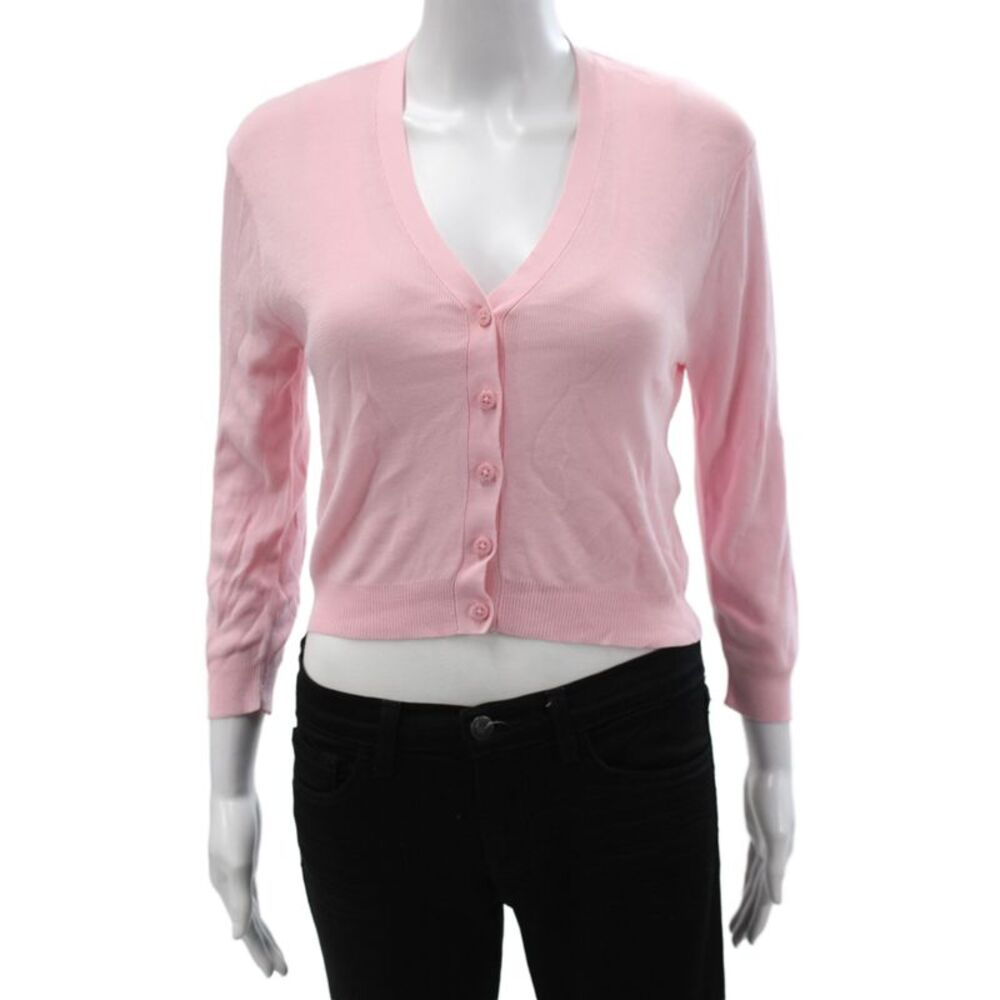Zara Womens Cardigan Pink V Neck 3/4 Sleeve Solid Viscose Size S